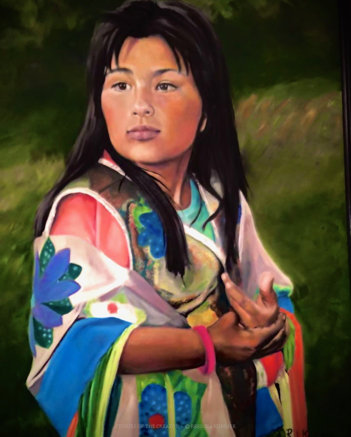 Detail from Rebecca Kummer's painted portrait of a young Indigenous woman